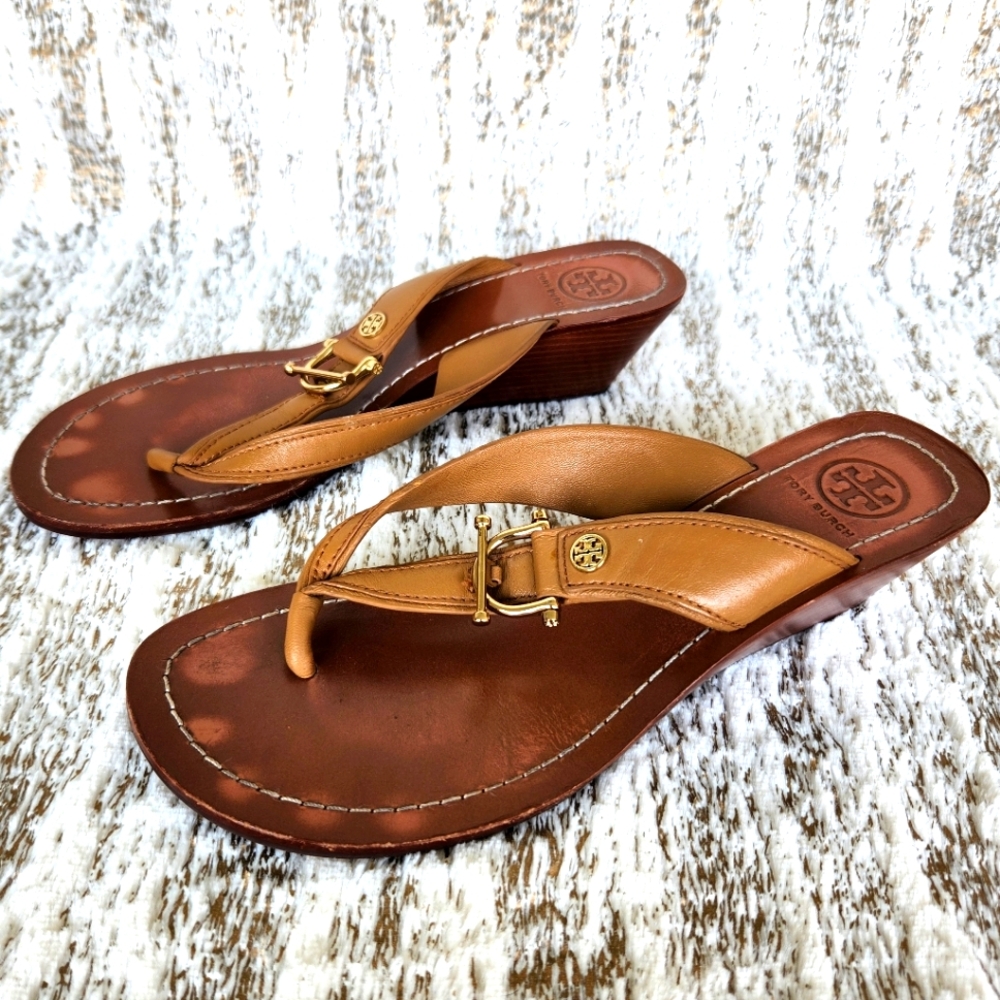 Tory Burch "Nora Mestico Wedge" Brown Leather Thong Sandal | Women's Size 7.5